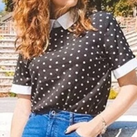 039 Classic Black Polka Dot Color Block Collar Office Work Top - Picture 1 of 5